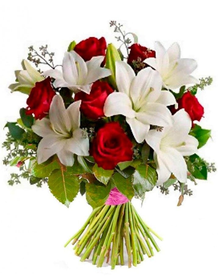 Ramo de flores para difuntos de rosas rojas y azucenas.