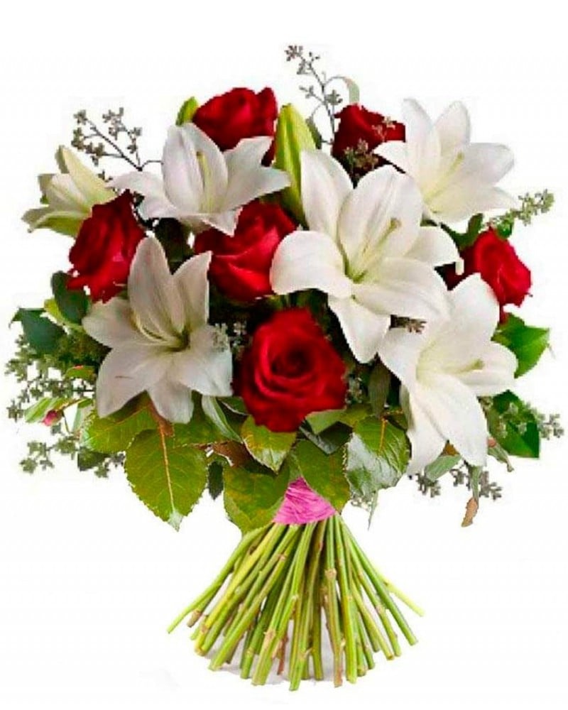 Ramo de flores para difuntos de rosas rojas y azucenas.