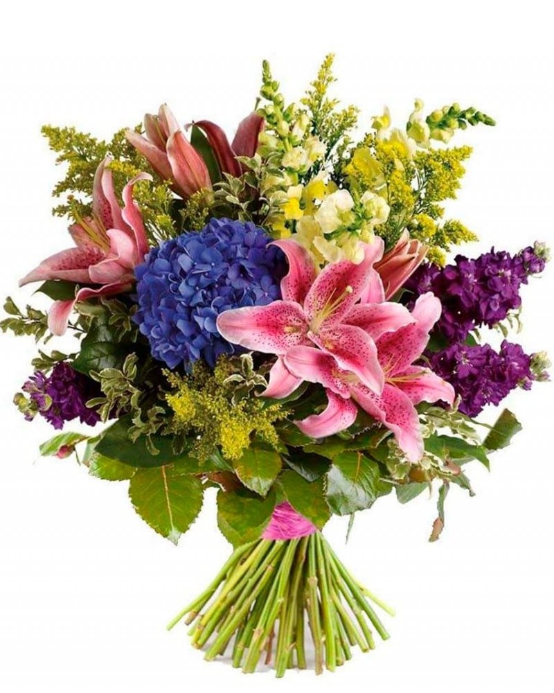 ramo fúnebre de lirios y alhelí.