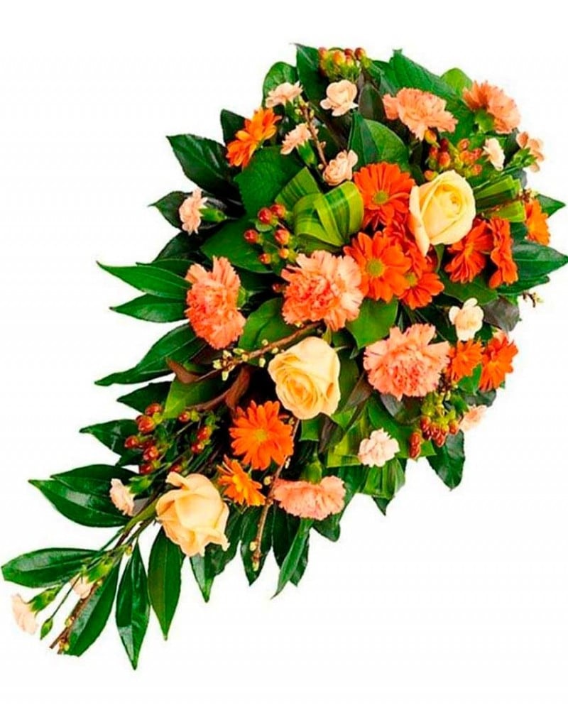 Ramo de flores fúnebre de rosas, gerberas y claveles.